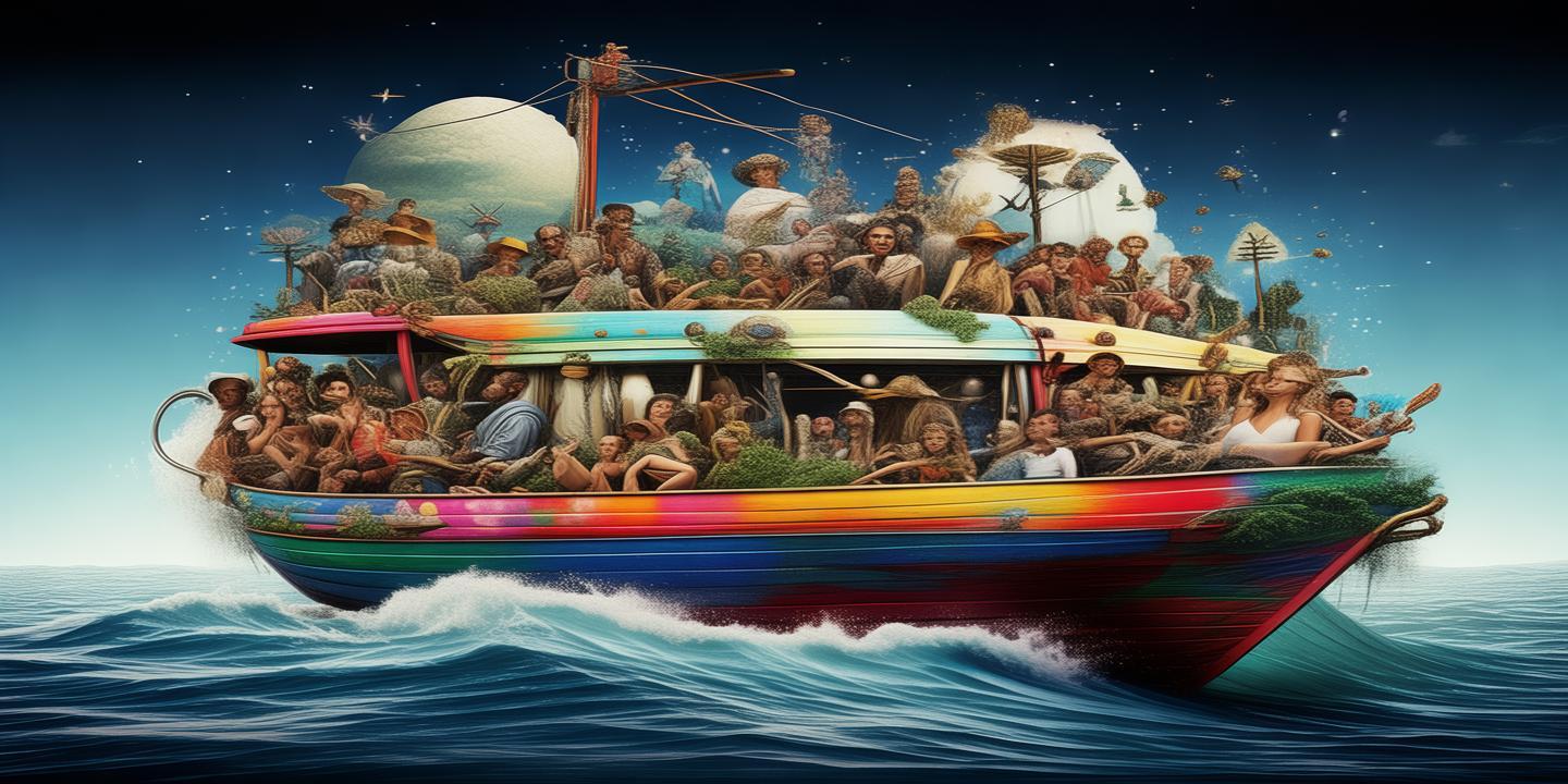 救生筏上的色彩斑斓，梦想与现实的交织画卷